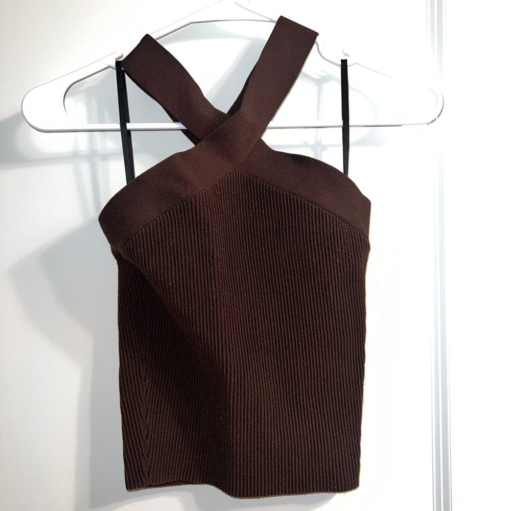 Aritzia Babaton Women Brown Sculpt Knit Criss Cross Halter Tank Top Size Small